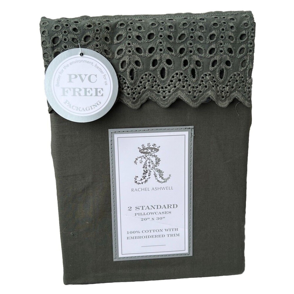 Rachel Ashwell Standard Pillowcase Pair Dark Green COTTON EMBROIDERED Trim New